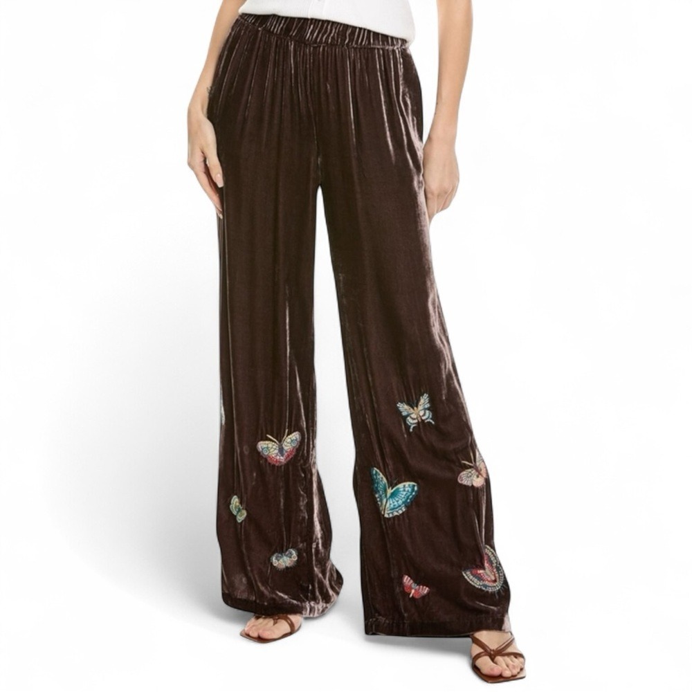 Johnny Was Lucia Butterfly Wide Leg Pants Large Brown Silk Blend Velvet